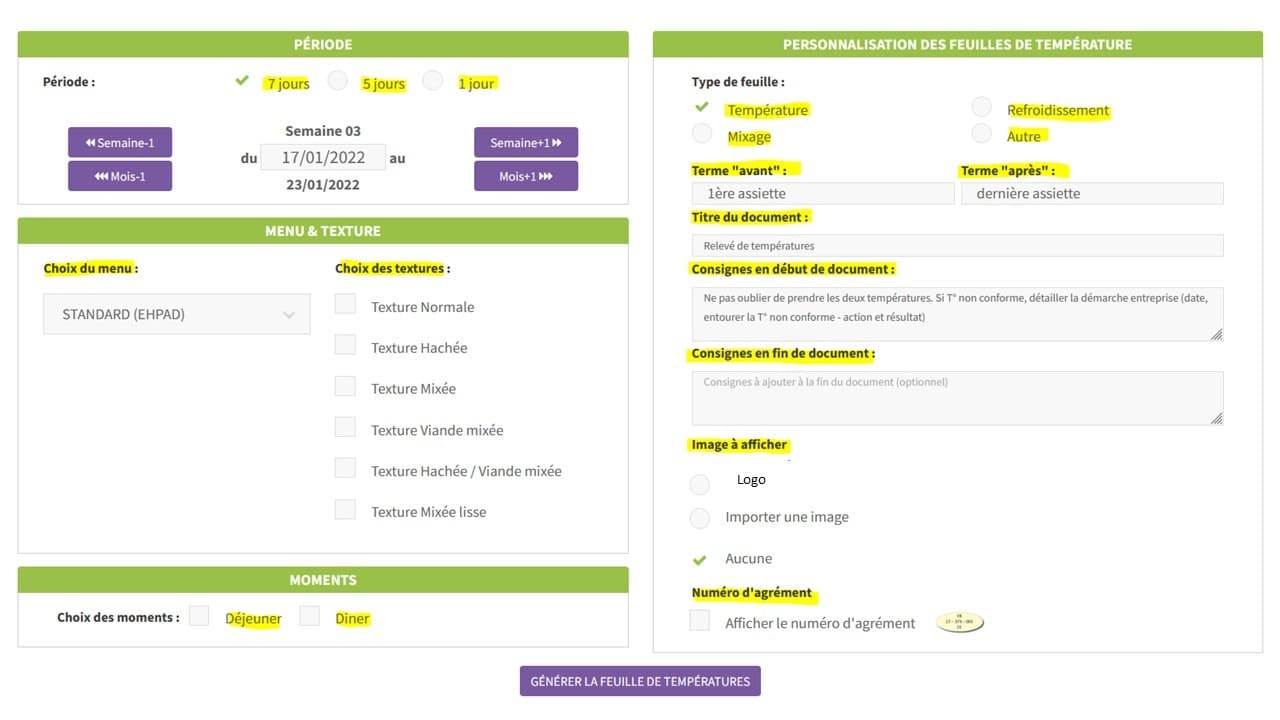 NOUVELLE FONCTIONNALITE « FEUILLE DE TEMPERATURE PERSONNALISABLE »